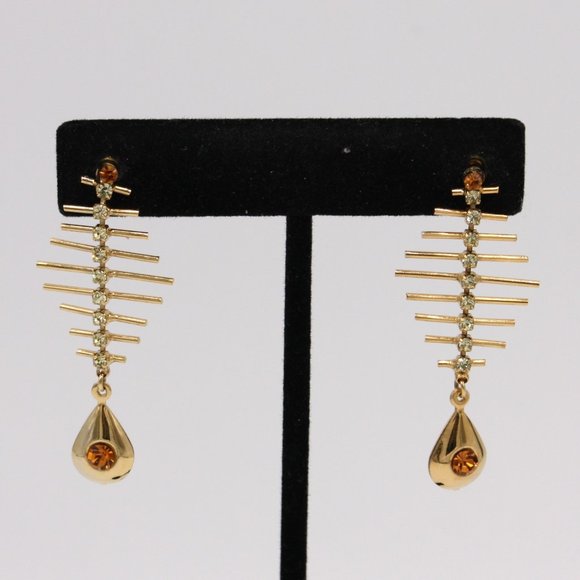 Heebo Unique Gold Tone and Crystal Dangle Earrings New on Card - Picture 3 of 3